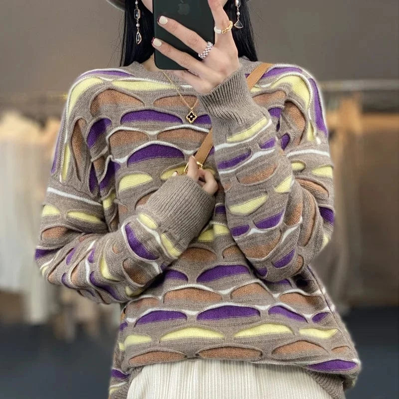 2024 Spring and autumn high-quality best-selling fashion women's striped crew collar long sleeve loose jacquard knit sweater