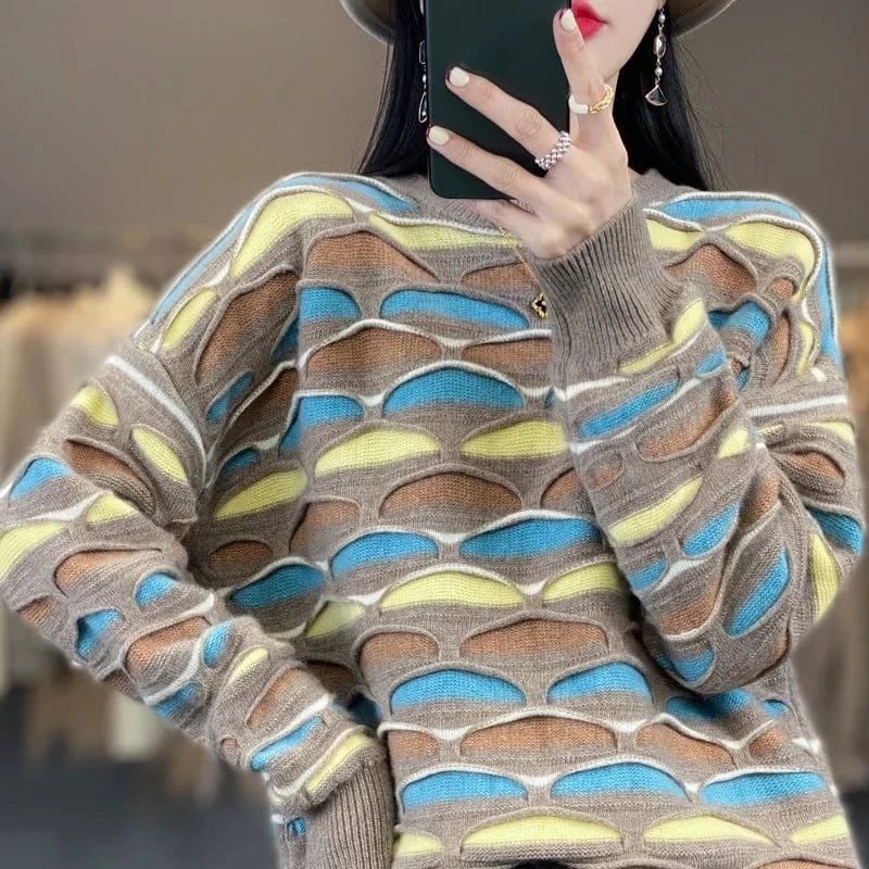 2024 Spring and autumn high-quality best-selling fashion women's striped crew collar long sleeve loose jacquard knit sweater