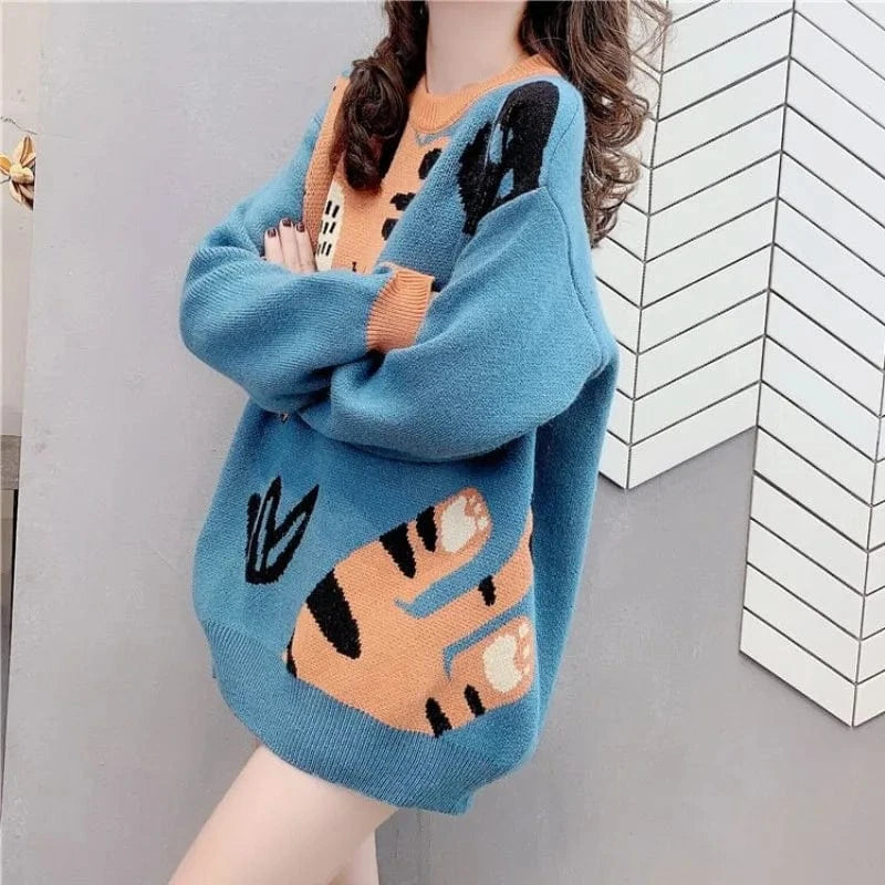 2024 Spring and autumn high-quality best-selling round neck long sleeve loose cartoon cat cute fashion women's printed sweater