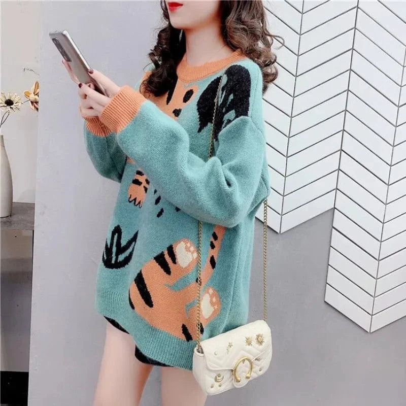 2024 Spring and autumn high-quality best-selling round neck long sleeve loose cartoon cat cute fashion women's printed sweater