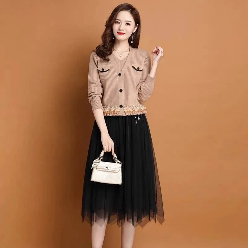 2024 Spring and Autumn high quality button design lace solid color loose women V-neck mid-length two-piece suit dress