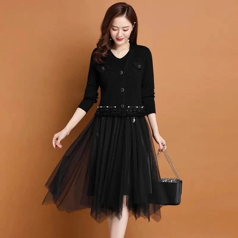 2024 Spring and Autumn high quality button design lace solid color loose women V-neck mid-length two-piece suit dress