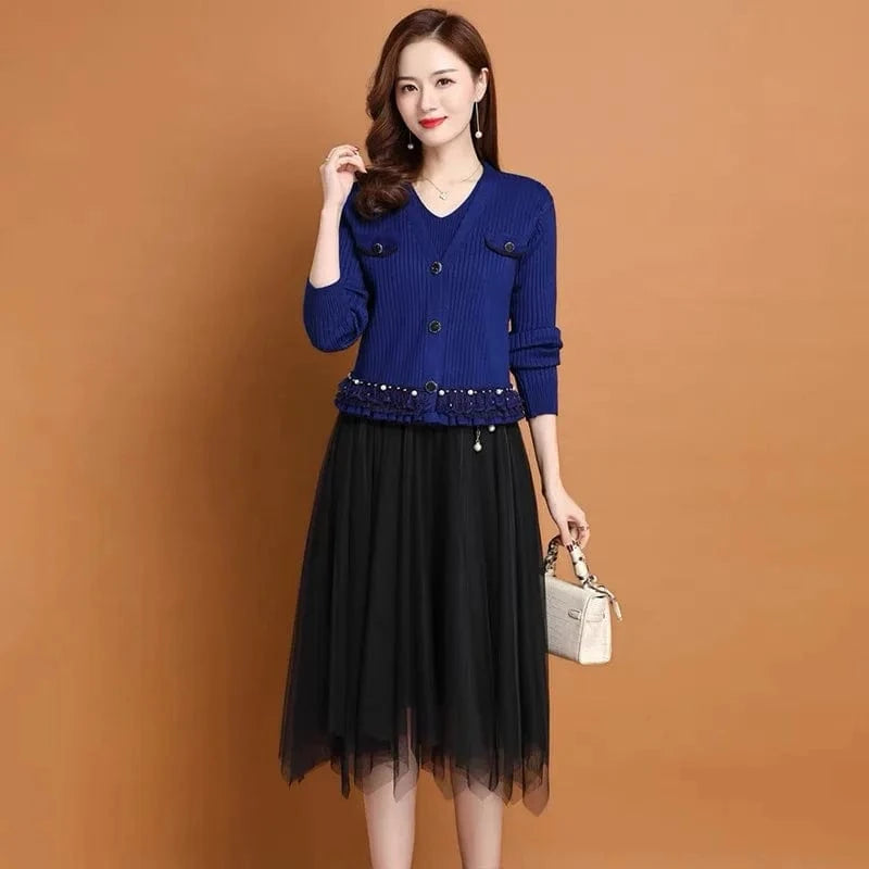 2024 Spring and Autumn high quality button design lace solid color loose women V-neck mid-length two-piece suit dress