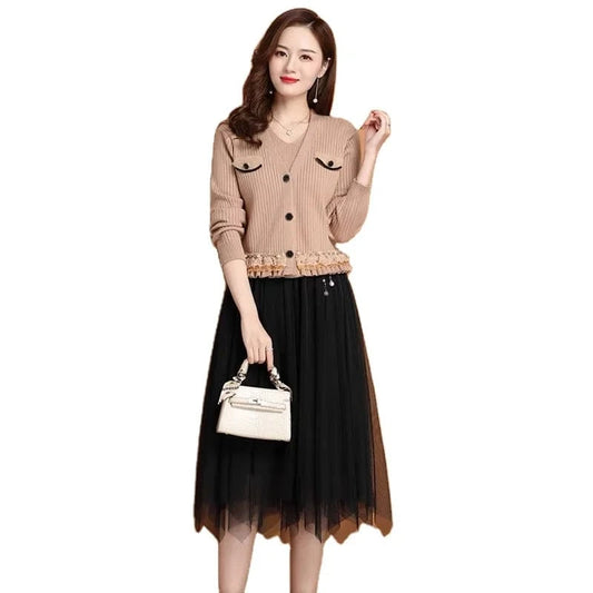 2024 Spring and Autumn high quality button design lace solid color loose women V-neck mid-length two-piece suit dress