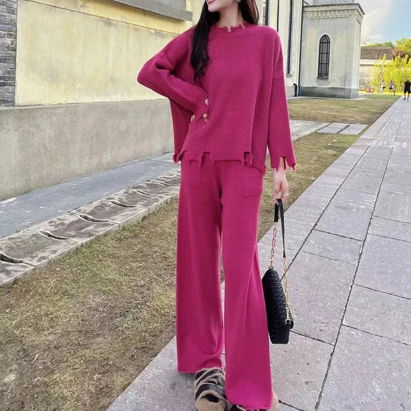 2024 Spring and Autumn high quality crewneck long sleeve loose solid color knit sweater two skirt set