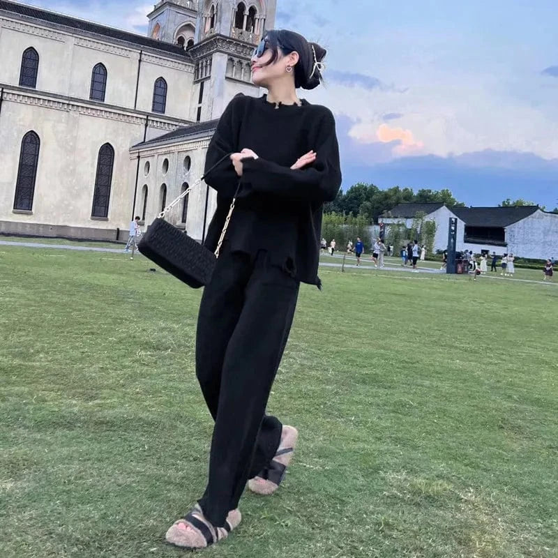 2024 Spring and Autumn high quality crewneck long sleeve loose solid color knit sweater two skirt set