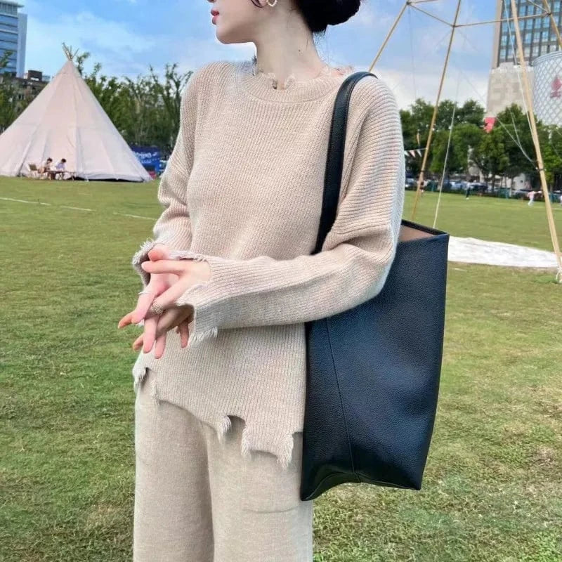 2024 Spring and Autumn high quality crewneck long sleeve loose solid color knit sweater two skirt set