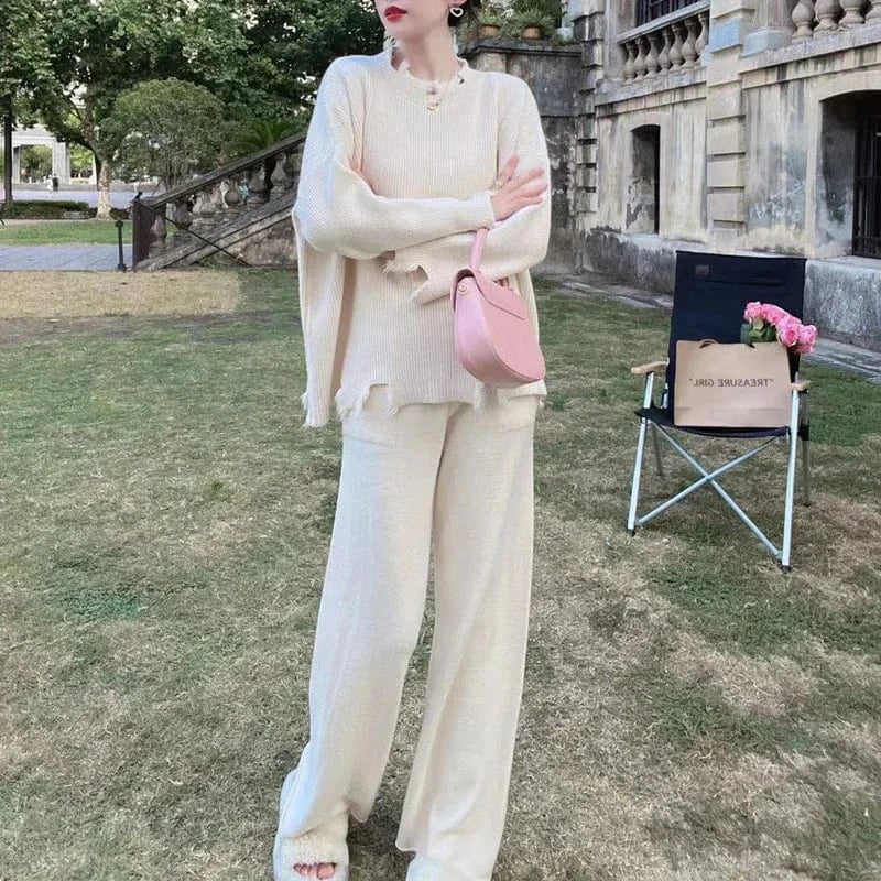 2024 Spring and Autumn high quality crewneck long sleeve loose solid color knit sweater two skirt set