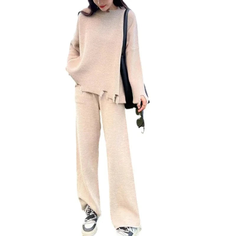 2024 Spring and Autumn high quality crewneck long sleeve loose solid color knit sweater two skirt set