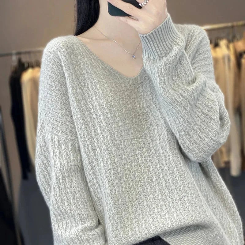 2024 Spring and Autumn high-quality fashion women's v neck long-sleeved loose solid-color jacquard knit pullover sweater