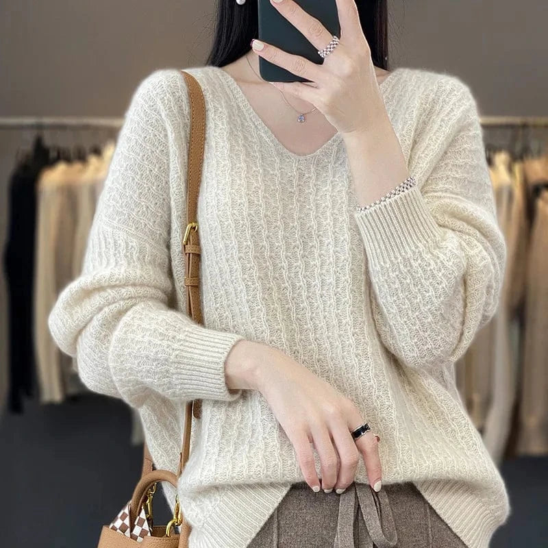 2024 Spring and Autumn high-quality fashion women's v neck long-sleeved loose solid-color jacquard knit pullover sweater