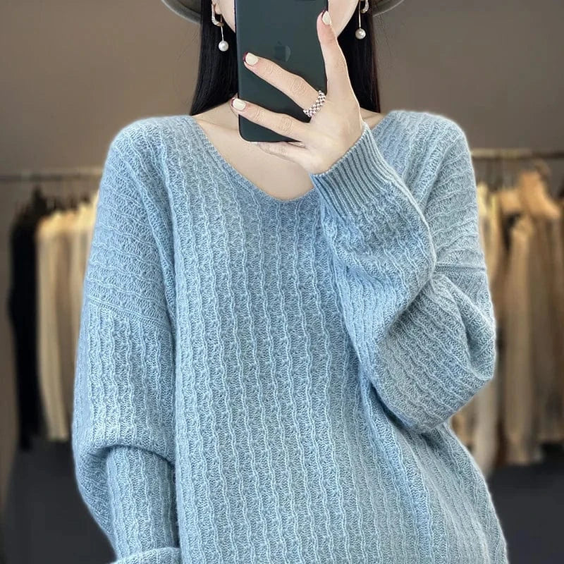 2024 Spring and Autumn high-quality fashion women's v neck long-sleeved loose solid-color jacquard knit pullover sweater