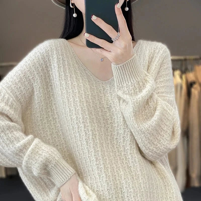 2024 Spring and Autumn high-quality fashion women's v neck long-sleeved loose solid-color jacquard knit pullover sweater