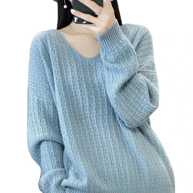2024 Spring and Autumn high-quality fashion women's v neck long-sleeved loose solid-color jacquard knit pullover sweater