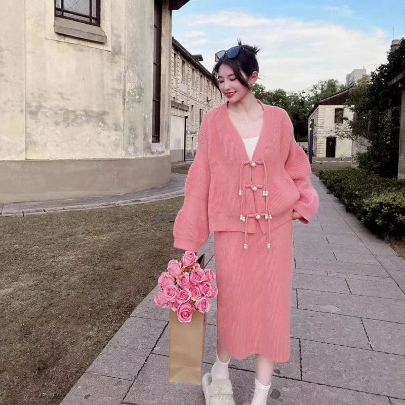 2024 Spring and autumn high-quality fashion women V-neck long sleeve loose solid color knit sweater cardigan skirt two sets