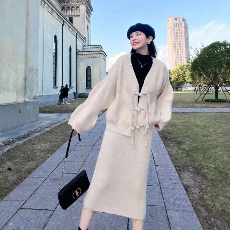 2024 Spring and autumn high-quality fashion women V-neck long sleeve loose solid color knit sweater cardigan skirt two sets