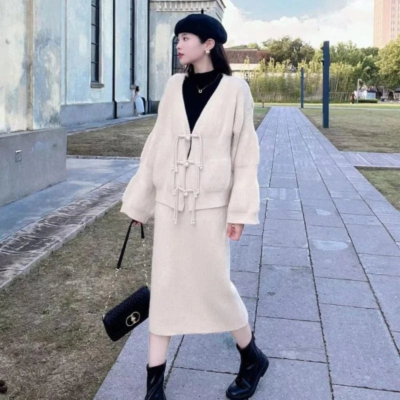 2024 Spring and autumn high-quality fashion women V-neck long sleeve loose solid color knit sweater cardigan skirt two sets
