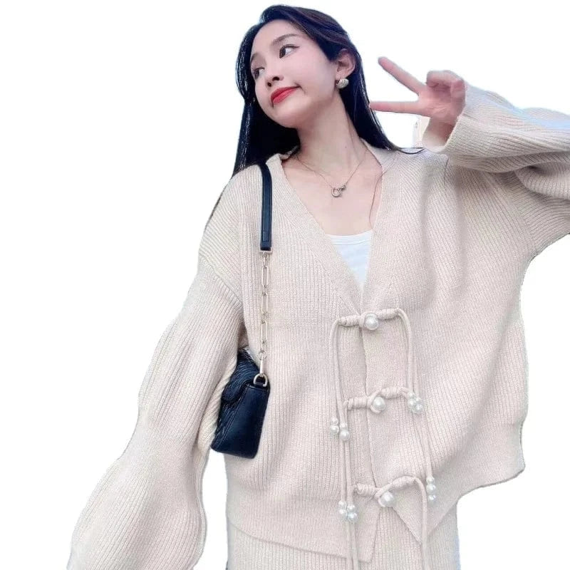 2024 Spring and autumn high-quality fashion women V-neck long sleeve loose solid color knit sweater cardigan skirt two sets