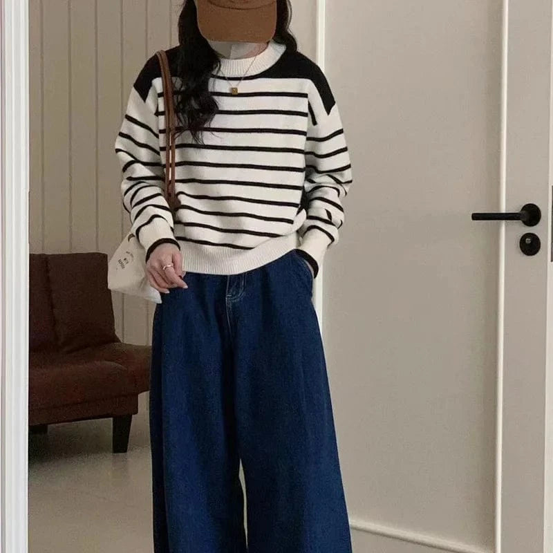 2024 Spring and autumn new arrival high quality girls crew neck long sleeve striped loose jacquard knit pullover sweater