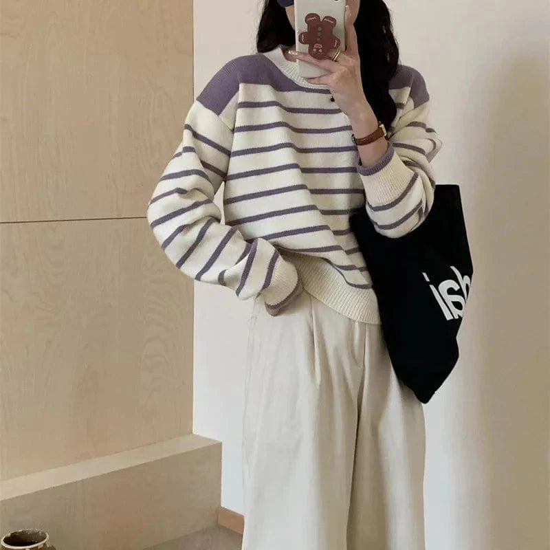 2024 Spring and autumn new arrival high quality girls crew neck long sleeve striped loose jacquard knit pullover sweater