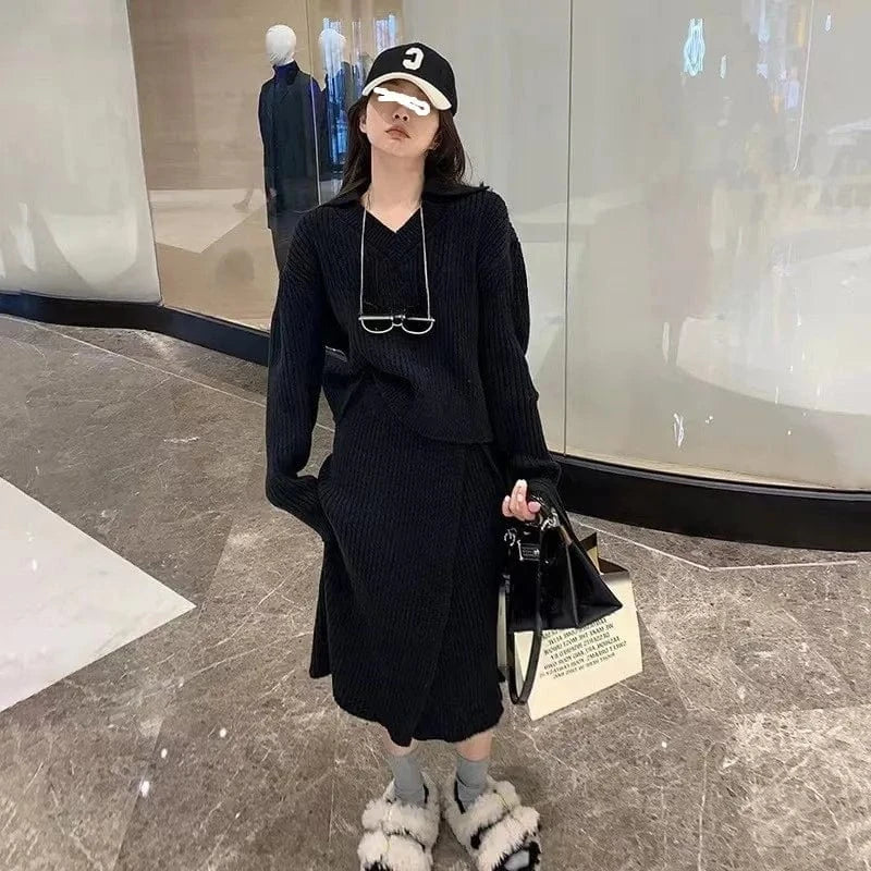 2024 Spring and autumn new arrival of high quality V-neck long sleeve loose solid color knit two-piece skirt