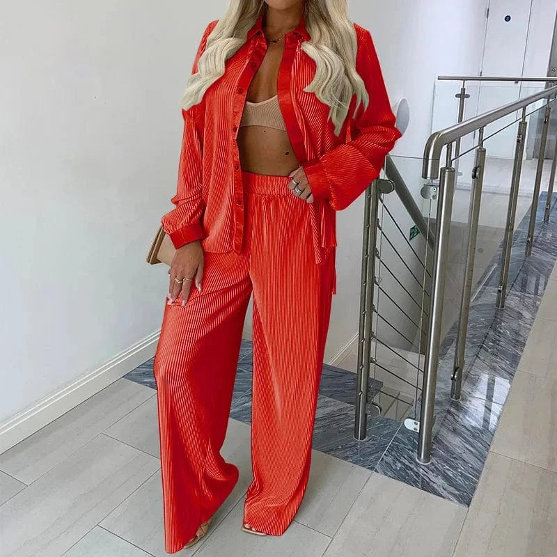 2024 spring and autumn new corduroy lapel shirt single-breasted long-sleeved shirt + casual loose leggings two-piece set