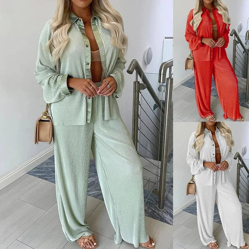 2024 spring and autumn new corduroy lapel shirt single-breasted long-sleeved shirt + casual loose leggings two-piece set