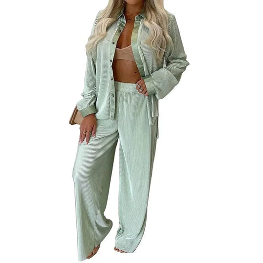 2024 spring and autumn new corduroy lapel shirt single-breasted long-sleeved shirt + casual loose leggings two-piece set