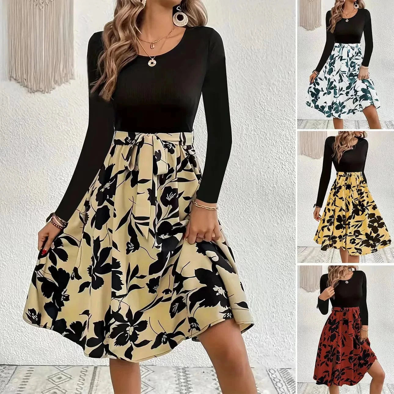 2024 Spring and Autumn New Fashion Simple Printed Long Sleeve Round Neck Mid-Waist Strap Skirt Women's Dress