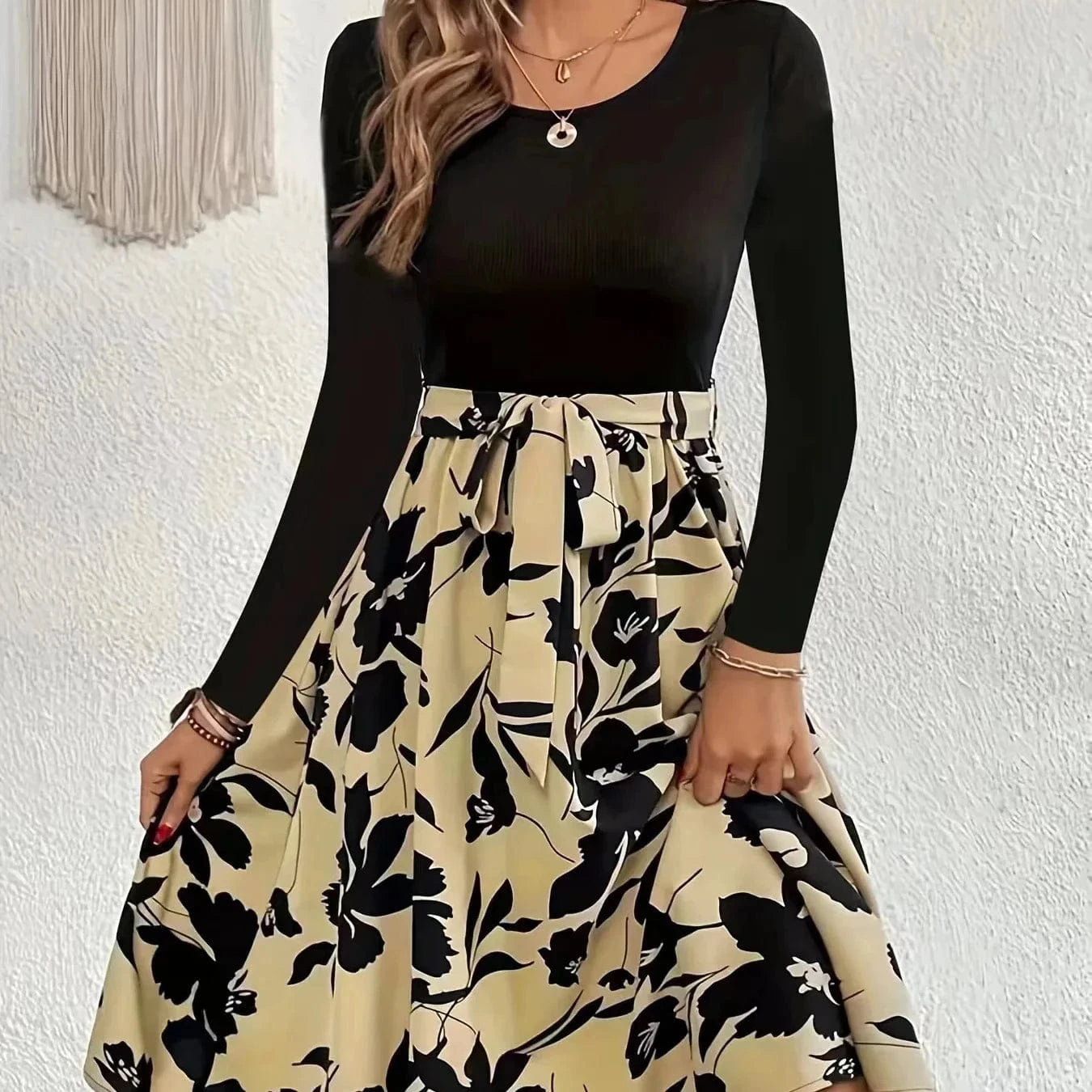 2024 Spring and Autumn New Fashion Simple Printed Long Sleeve Round Neck Mid-Waist Strap Skirt Women's Dress