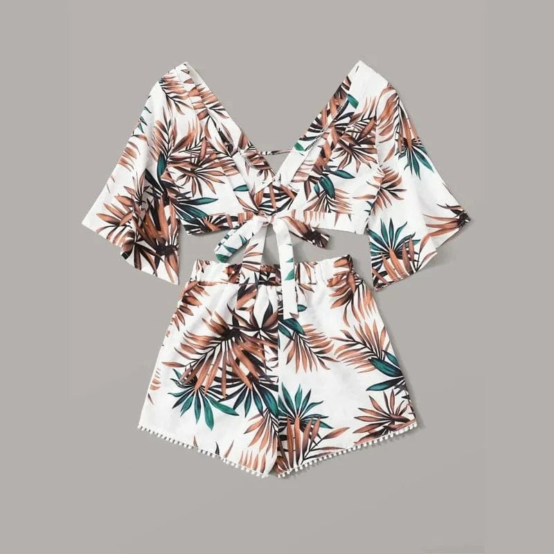 2024 spring and autumn new printed V-neck shorts short-sleeved two-piece lace-up top casual beach suit