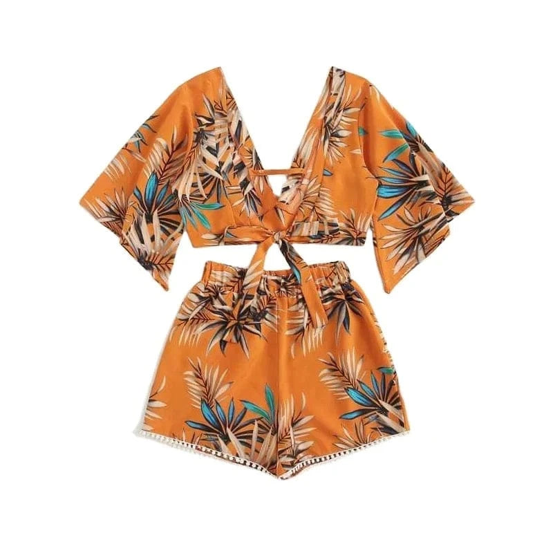 2024 spring and autumn new printed V-neck shorts short-sleeved two-piece lace-up top casual beach suit