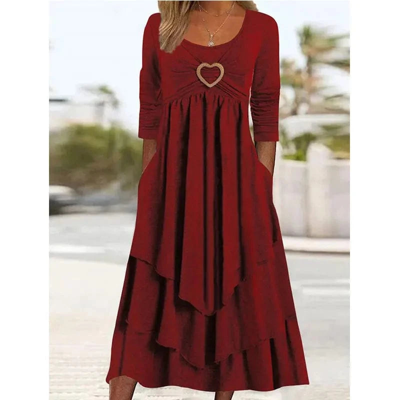 2024 Spring and Autumn New Solid Color Waistband Love Decoration Layer by Layer Cake Hem Casual Dress