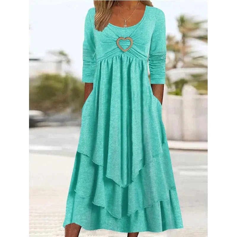 2024 Spring and Autumn New Solid Color Waistband Love Decoration Layer by Layer Cake Hem Casual Dress