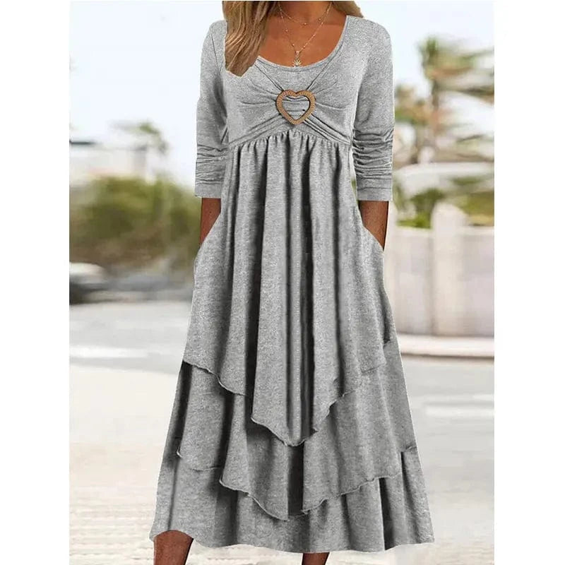 2024 Spring and Autumn New Solid Color Waistband Love Decoration Layer by Layer Cake Hem Casual Dress