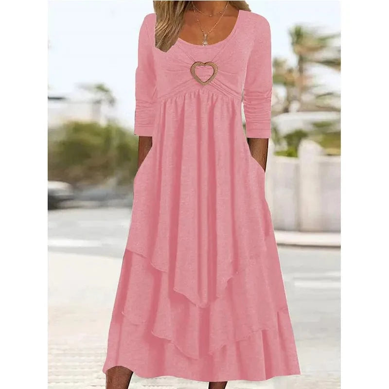 2024 Spring and Autumn New Solid Color Waistband Love Decoration Layer by Layer Cake Hem Casual Dress