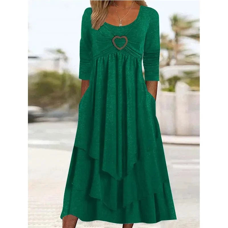 2024 Spring and Autumn New Solid Color Waistband Love Decoration Layer by Layer Cake Hem Casual Dress