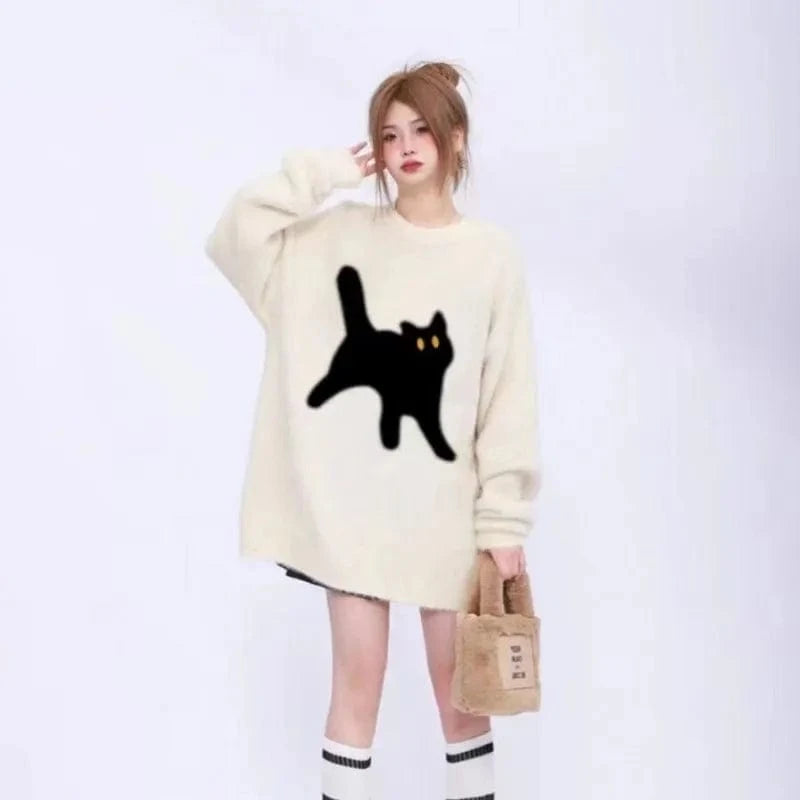 2024 spring and fall new arrivals best-selling girls' regular loose crew-neck kitten print cartoon knit pullover sweater