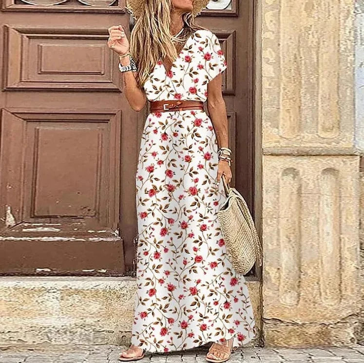 2024 Spring and Summer Explosion Bohemian Printed V-Neck Floral Dress Seaside Beach Vacation Dresses