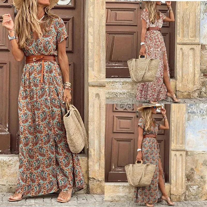 2024 Spring and Summer Explosion Bohemian Printed V-Neck Floral Dress Seaside Beach Vacation Dresses