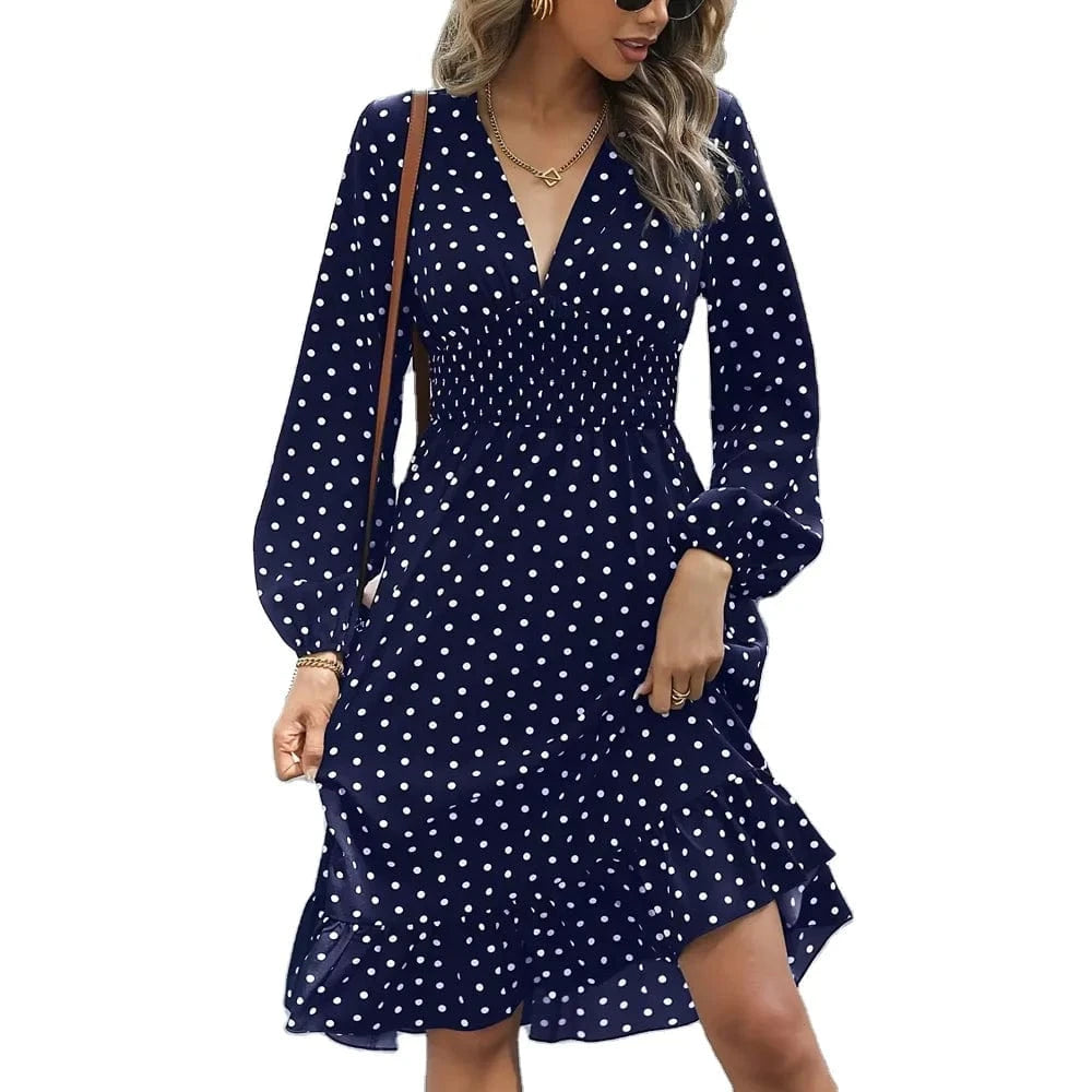 2024 Spring And Summer New Female Fashion Casual Dress Female Waist Print Thin V-neck Polka Dot Long Sleeve Lady Dresses