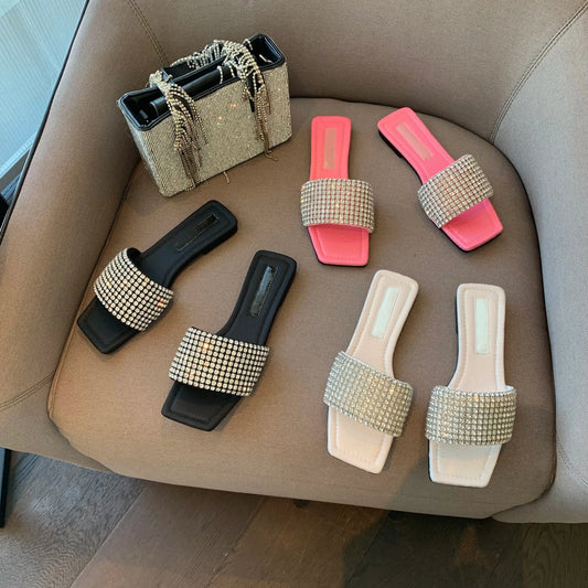 2024 spring and summer new slippers women's Rhinestone flat bottom women's sandals