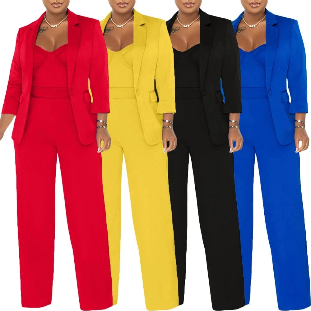 2024 Spring and Summer New solid color suit jacket + halter romper suit women casual formal blazer suit set for ladies