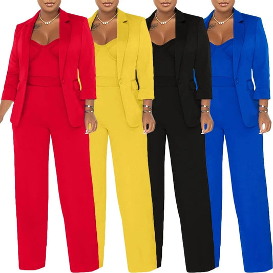 2024 Spring and Summer New solid color suit jacket + halter romper suit women casual formal blazer suit set for ladies