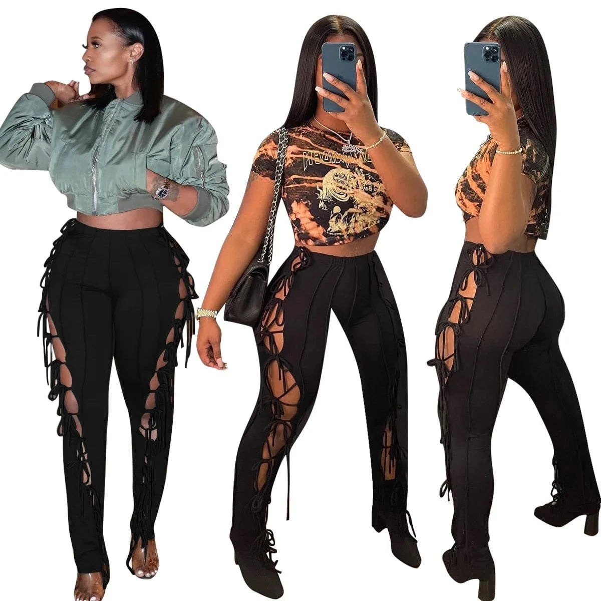 2024 Spring and summer new women's hollow high elastic waist black pencil pants
