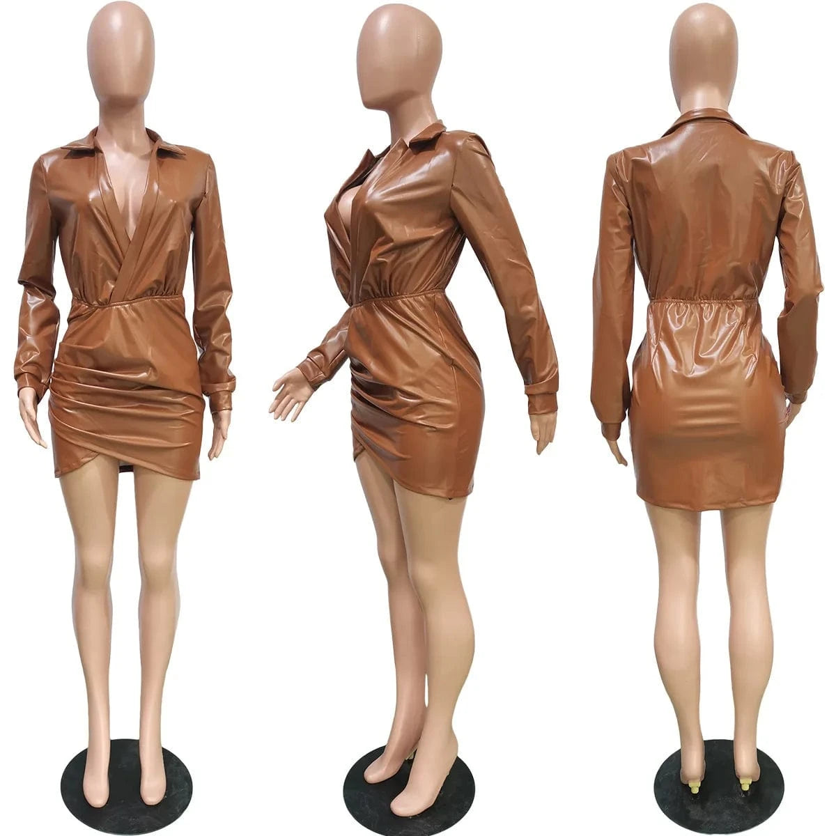 2024 Spring and Summer Women's Spring New Solid Color Long-sleeved Stretch PU Leather Dress