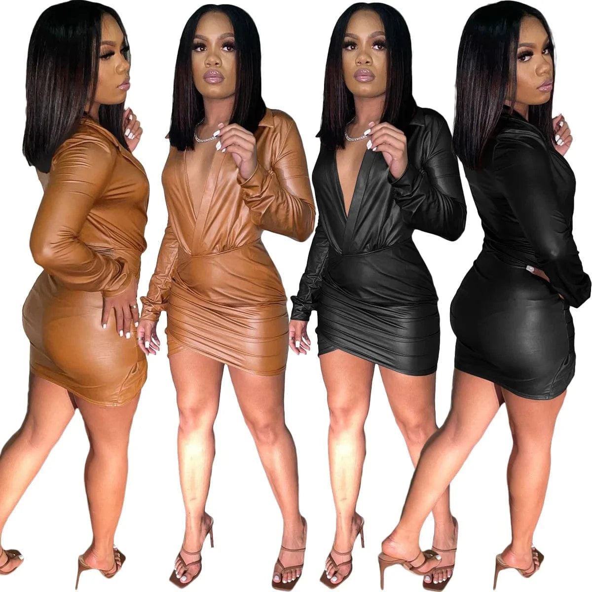 2024 Spring and Summer Women's Spring New Solid Color Long-sleeved Stretch PU Leather Dress