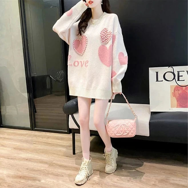 2024 Spring Autumn New Arrival fashion women  loose  young ladies lazy style Pearl sweater