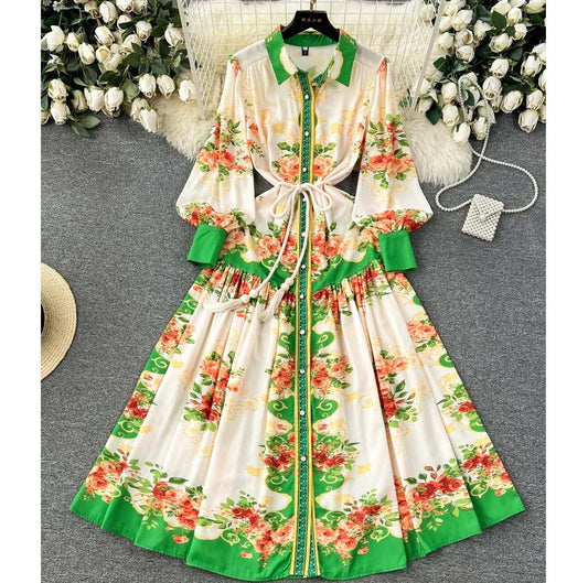 2024 Spring Autumn Retro Style Evening Gown Lantern Long Sleeve Belted Slim Single-breasted A-line Print Dress