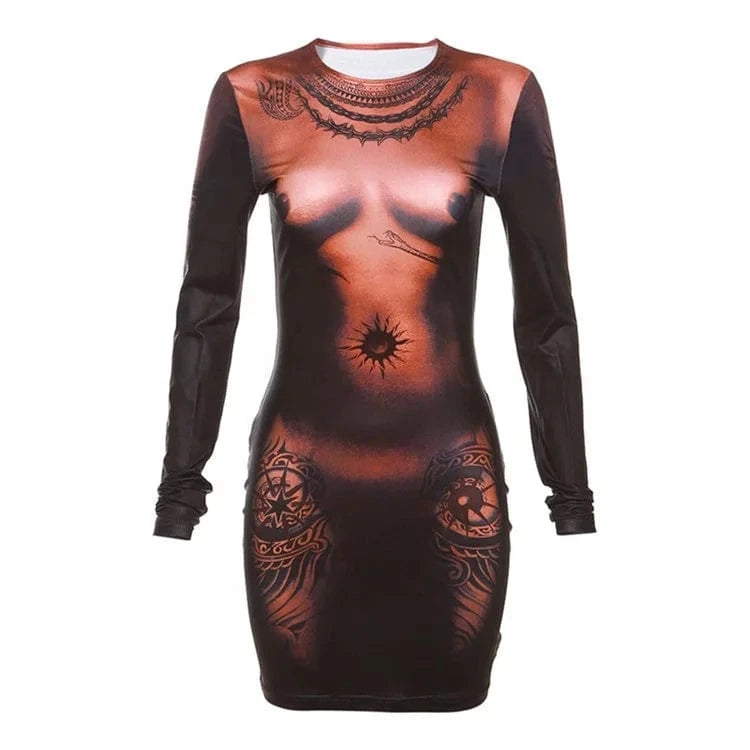 2024 Spring Autumn Women Above Knee Milk Silk Dress 3D Body Print Mini Dress